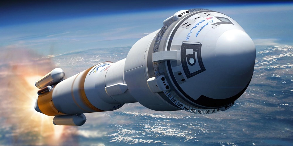 Artistieke impressie van de lancering van de Starliner ruimtecapsule.