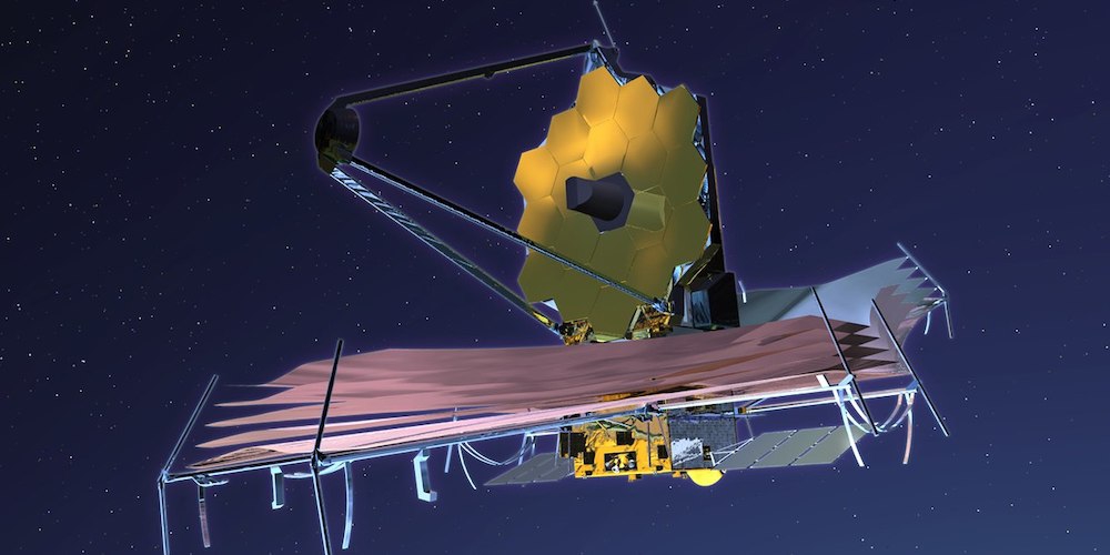Artistieke impressie van de James Webb Space Telescope in de ruimte.