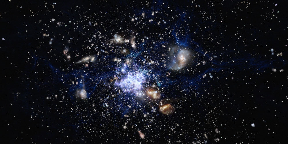 Deze artist’s impression toont de vorming van een cluster van sterrenstelsels in het vroege heelal
